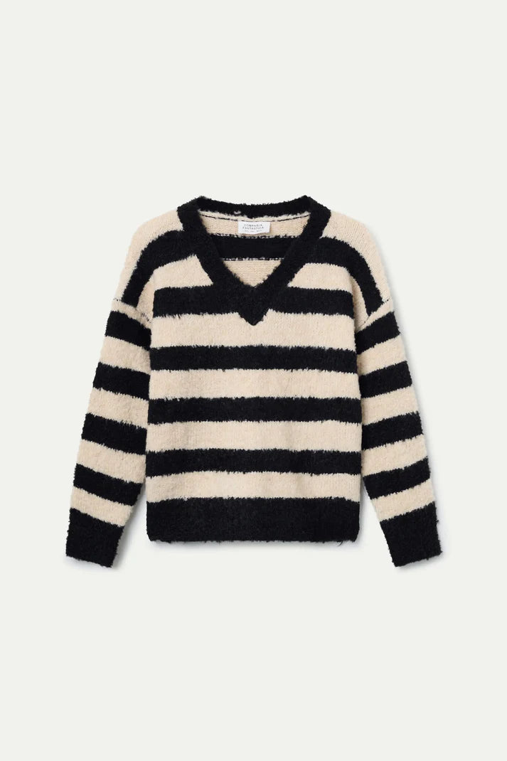 Maglione lavorato a maglia con trama a righe bianche e nere