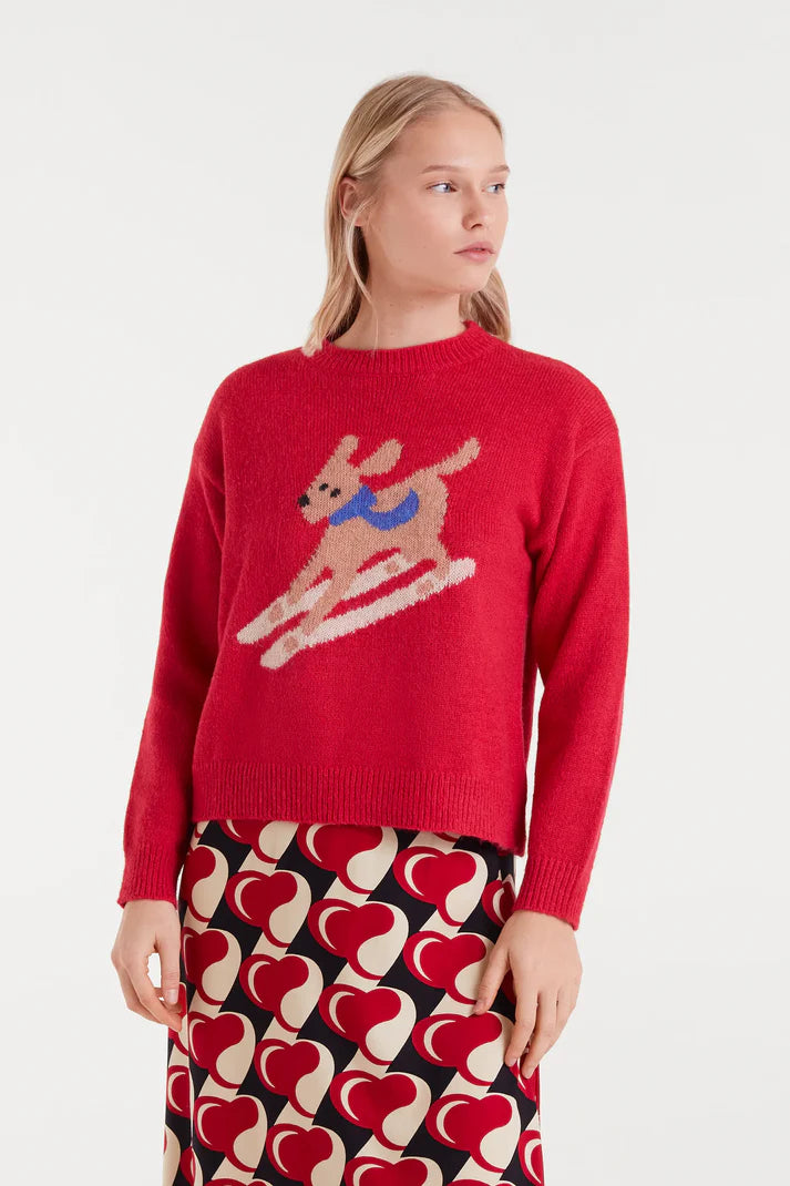 Maglione jacquard con stampa di cane sciatore