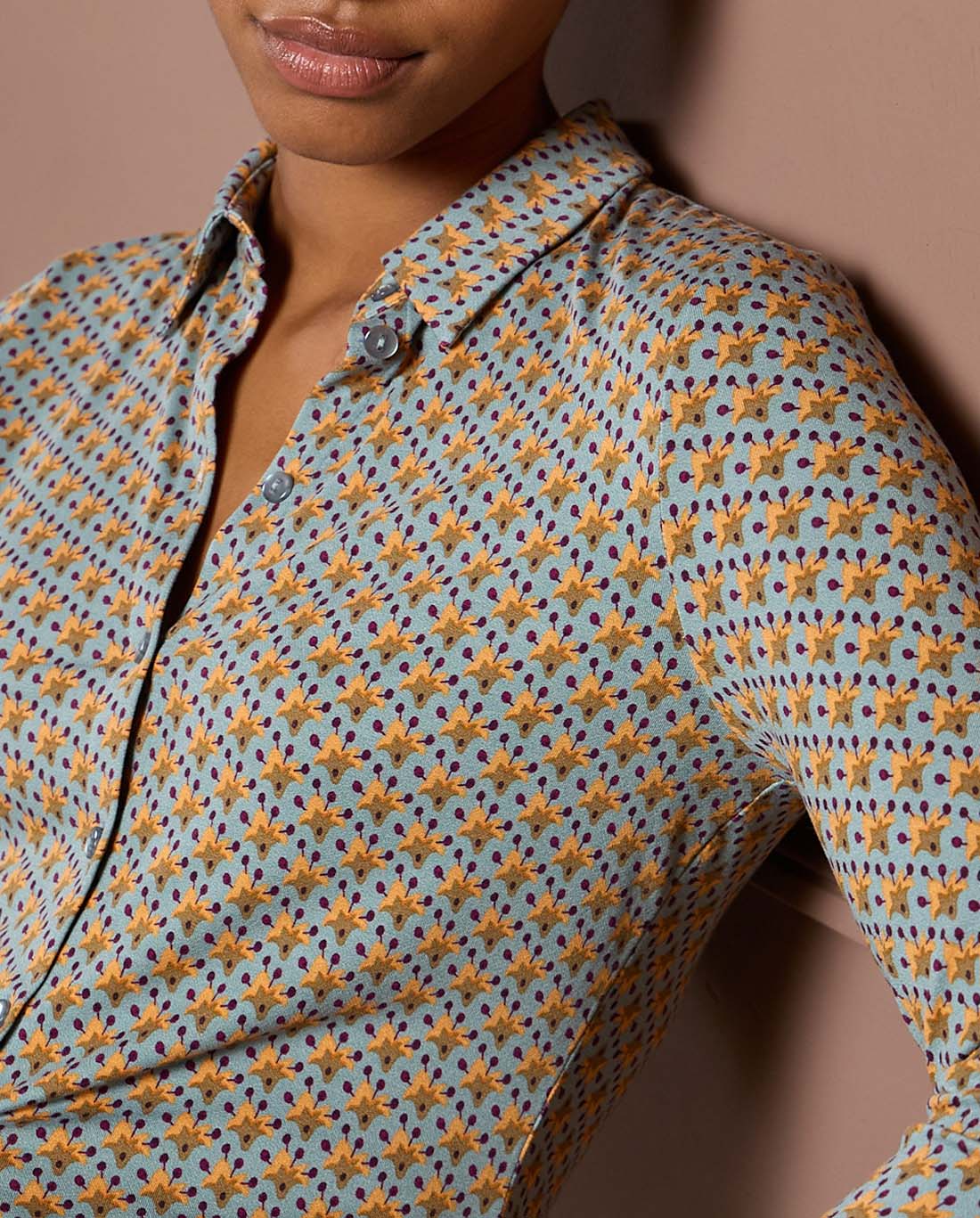 Camicia stretch con microstampa vintage Azzurro