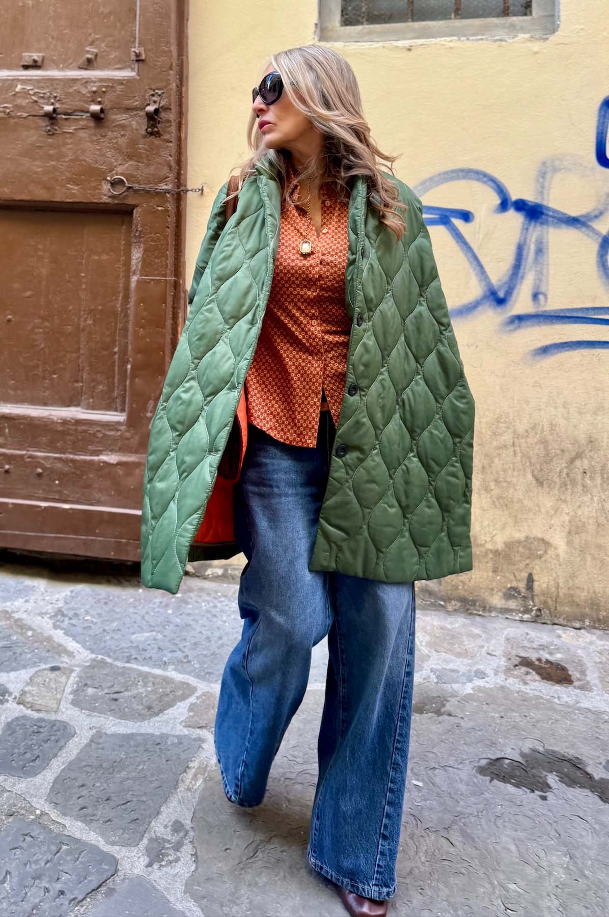 Giacca Kimono Trapunta Verde/Arancio