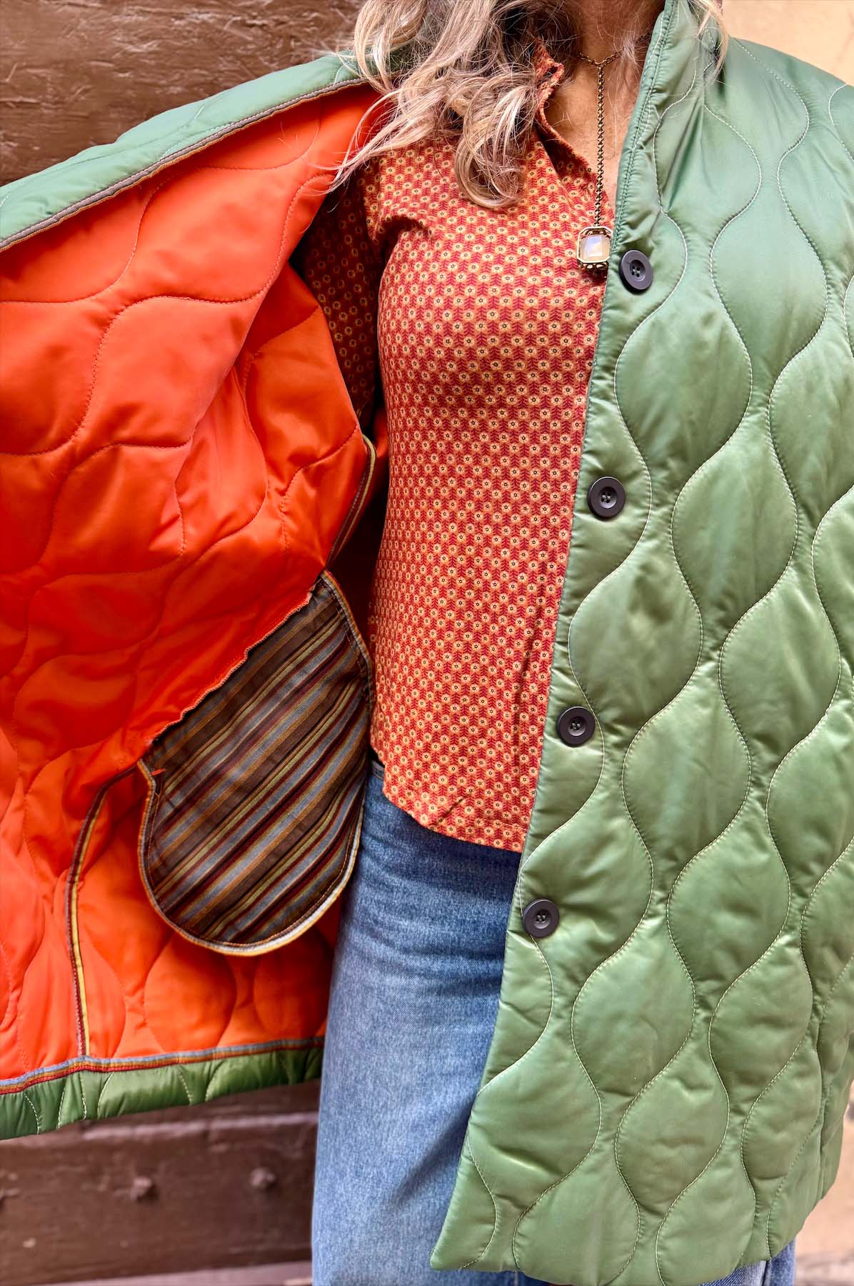 Giacca Kimono Trapunta Verde/Arancio