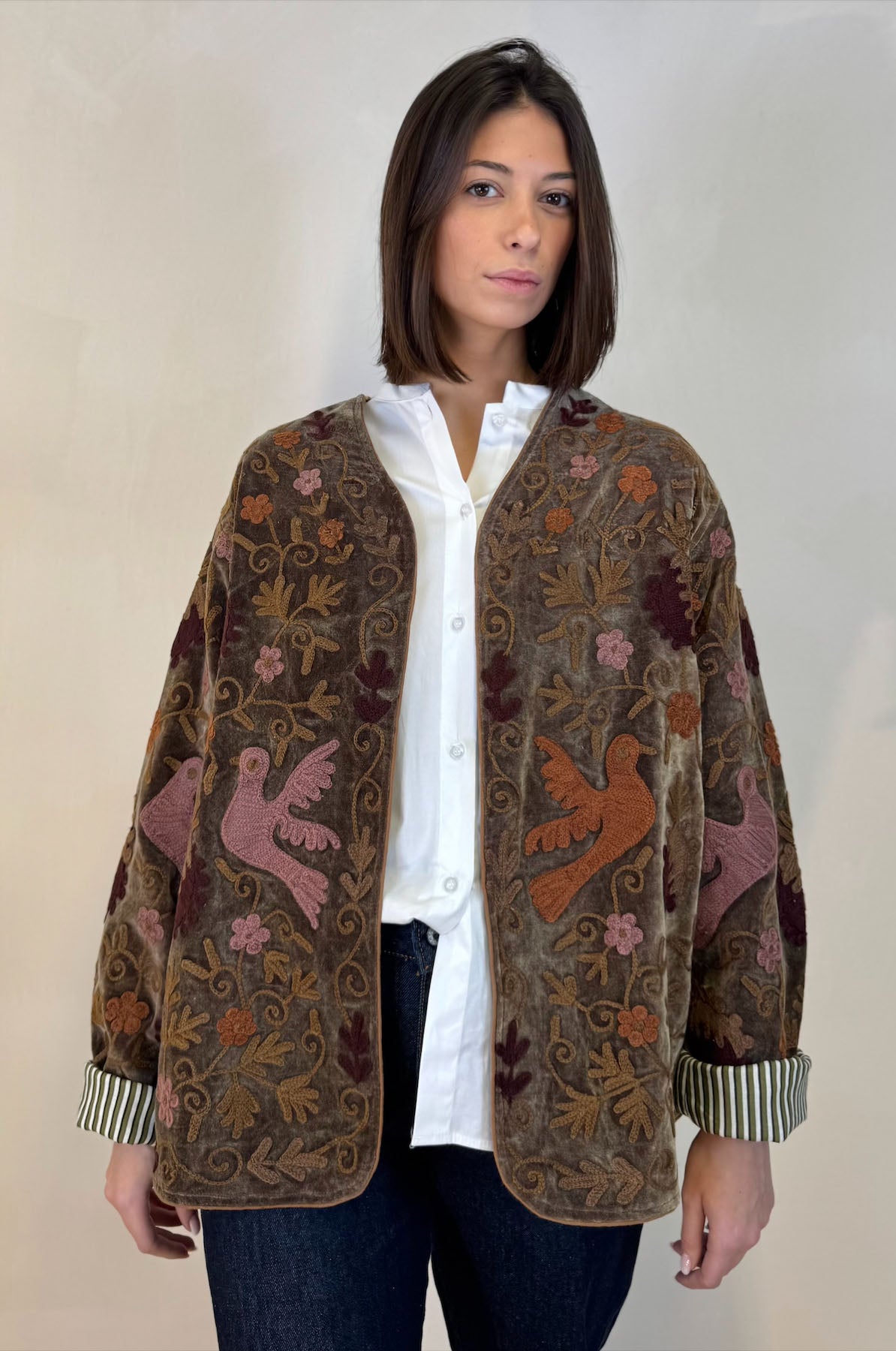 Giacca ricamata in Velluto Collo a V