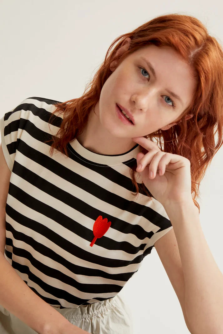 Maglietta righe ricamo Tulipano