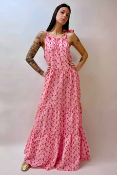 Abito Lungo Rosa Ricamato