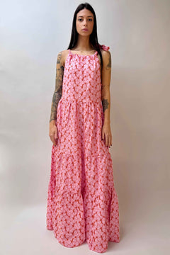 Abito Lungo Rosa Ricamato