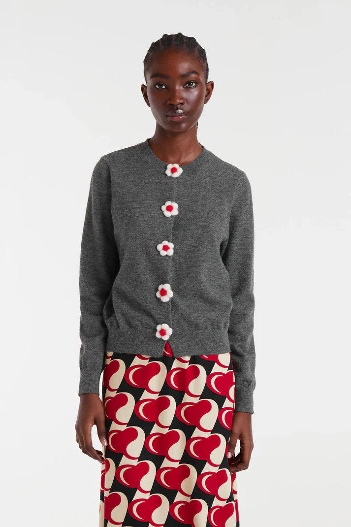 Cardigan in maglia fine con dettaglio floreale grigio