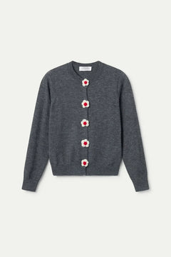 Cardigan in maglia fine con dettaglio floreale grigio