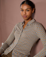 Camicia stretch con microstampa vintage Azzurro