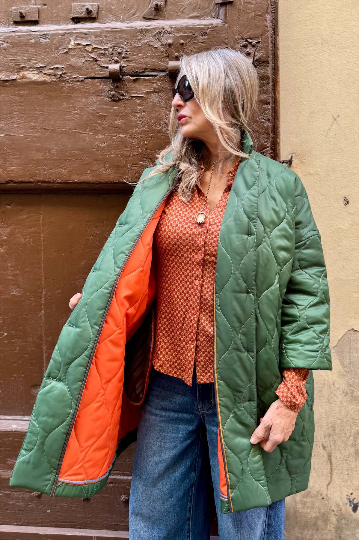 Giacca Kimono Trapunta Verde/Arancio