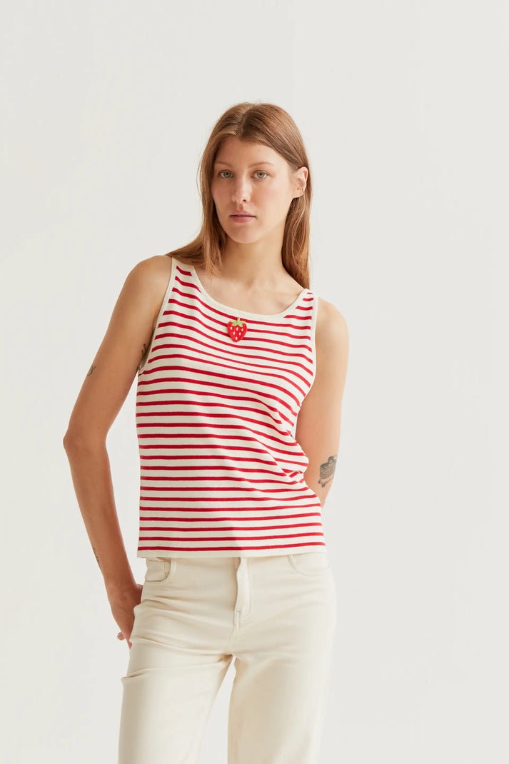 Top a righe Bianco e Rosso con Ricamo