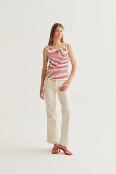 Top a righe Bianco e Rosso con Ricamo