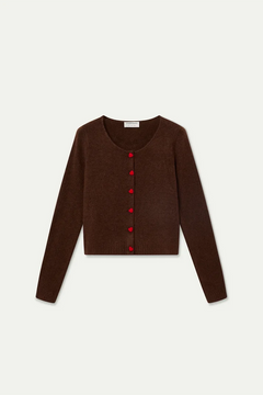 Cardigan marrone con bottoni a cuore rosso