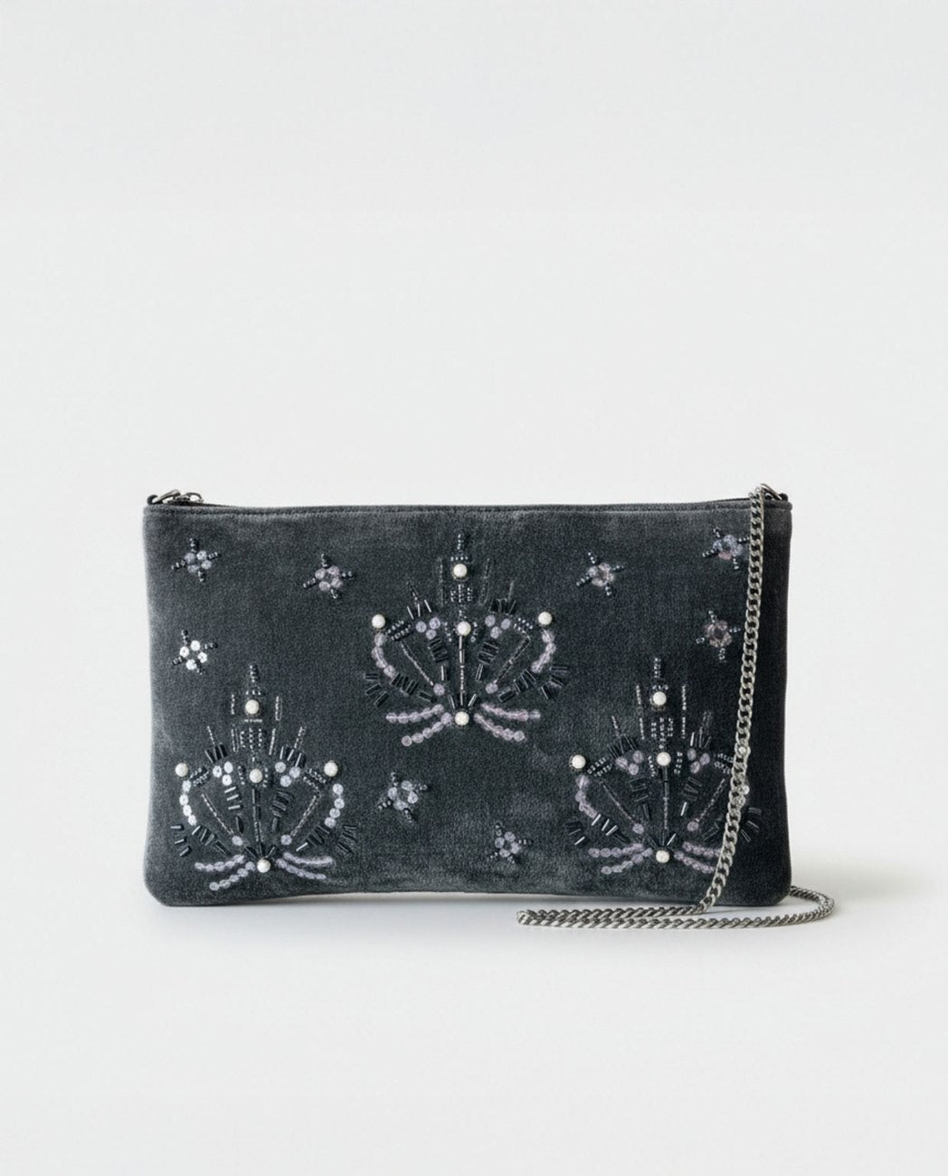 Clutch ricamato con tracolla a catena Grigio