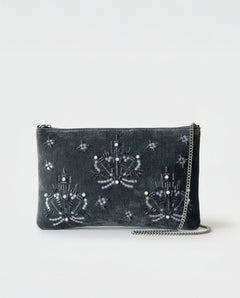 Clutch ricamato con tracolla a catena Grigio