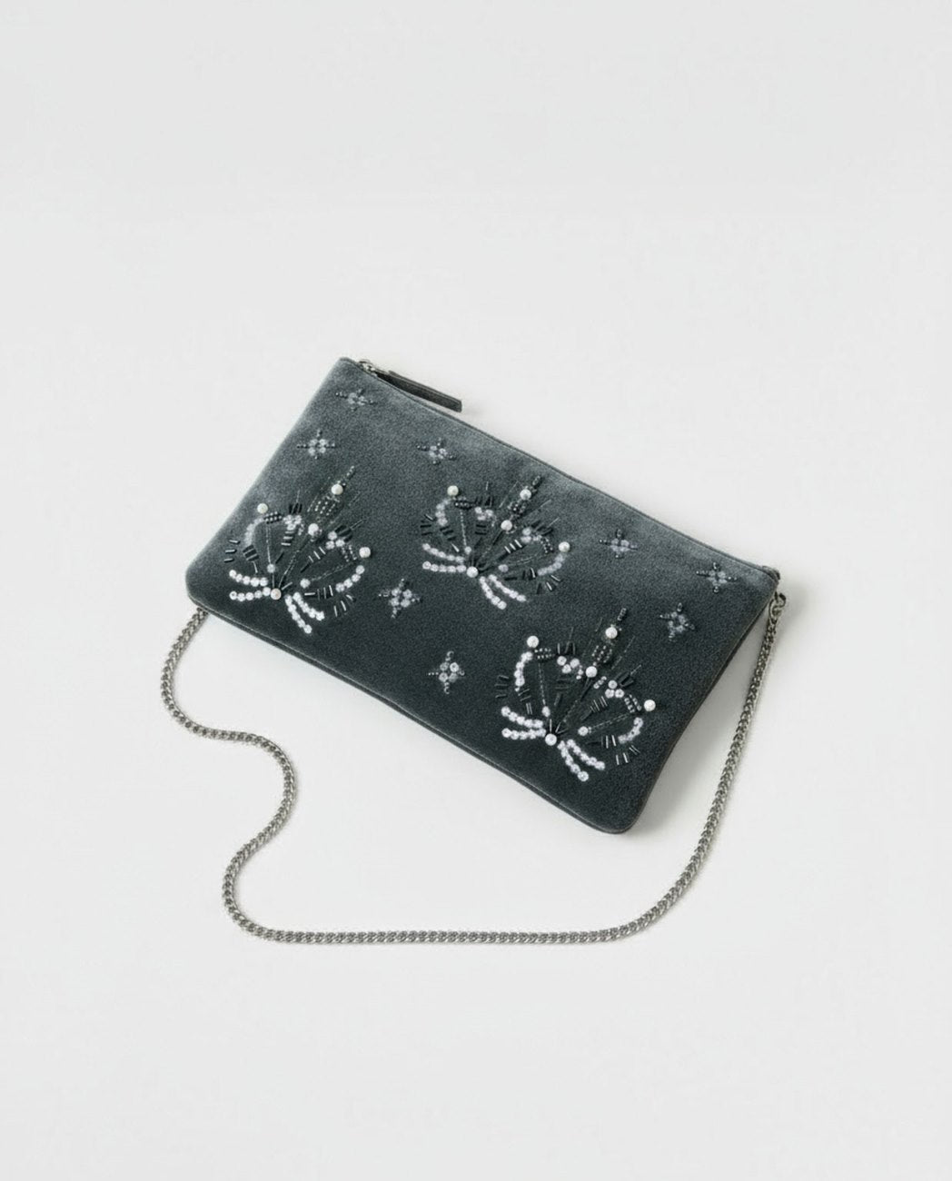 Clutch ricamato con tracolla a catena Grigio